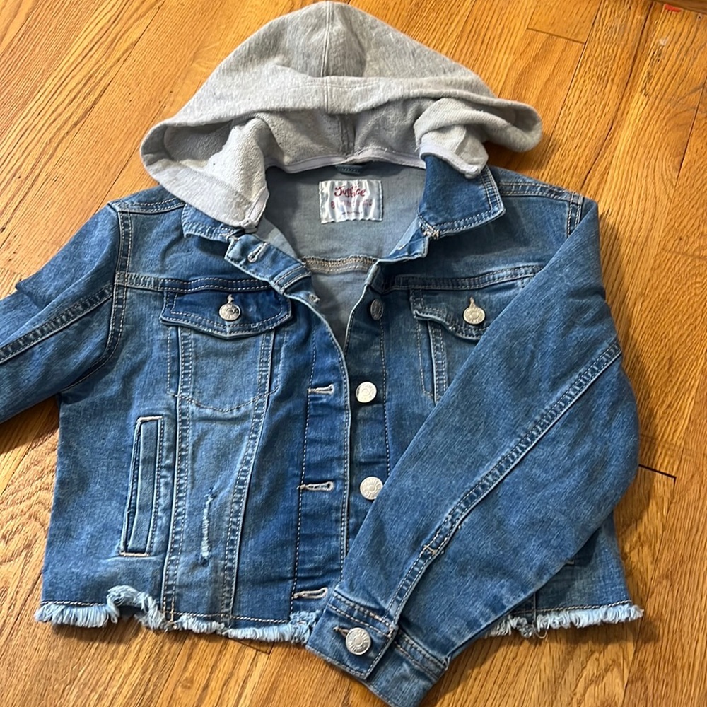Justice size 8 crop Jean jacket with grey hood